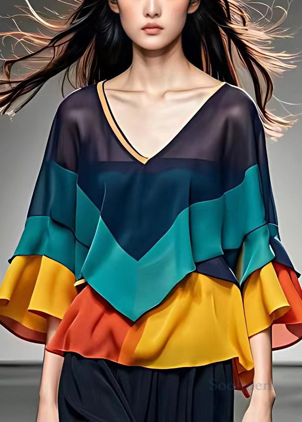 Navy V Neck Patchwork Chiffon Blouse Fall