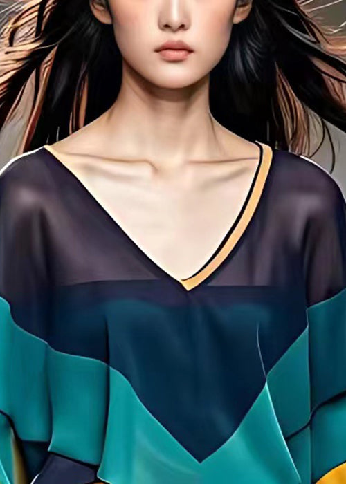 Navy V Neck Patchwork Chiffon Blouse Fall
