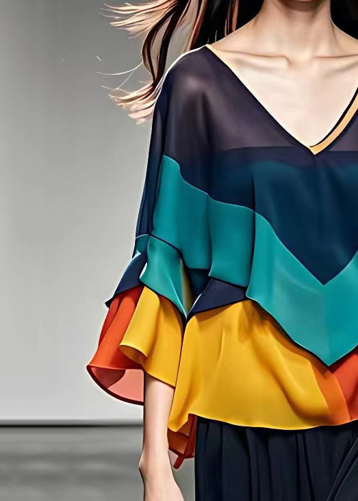 Navy V Neck Patchwork Chiffon Blouse Fall