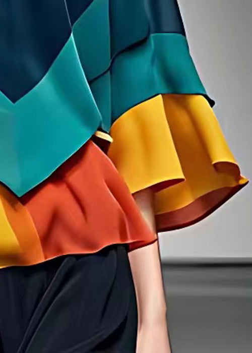 Navy V Neck Patchwork Chiffon Blouse Fall
