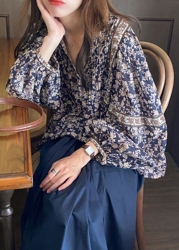 Navy V Neck Print Chiffon Shirt Top Lantern Sleeve