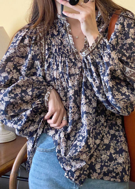 Navy V Neck Print Chiffon Shirt Top Lantern Sleeve