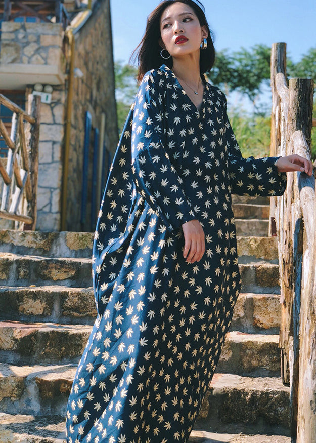 Navy V Neck Print Patchwork Silk Robe Dresses Fall