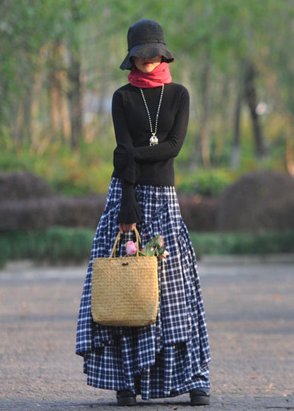 Navy Wrinkled Asymmetrical Plaid Cotton Skirts Spring
