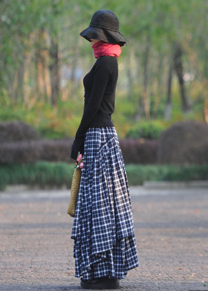 Navy Wrinkled Asymmetrical Plaid Cotton Skirts Spring