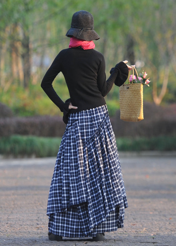 Navy Wrinkled Asymmetrical Plaid Cotton Skirts Spring