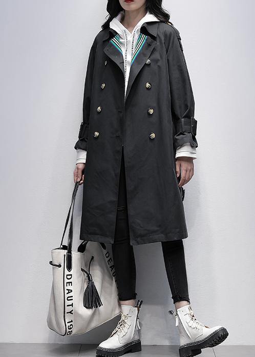 Notched Tie Waist Fine Trench Coat Black Knee Coats