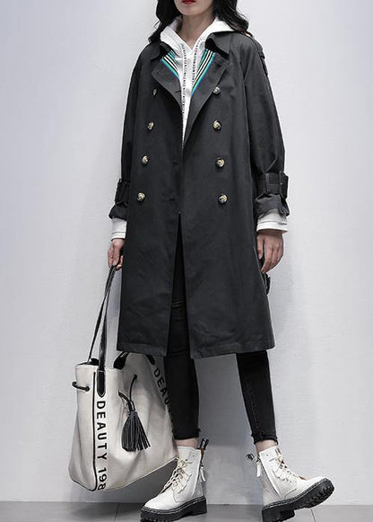 Notched Tie Waist Fine Trench Coat Black Knee Coats