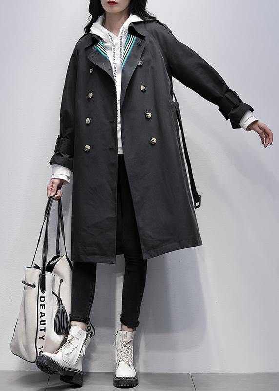 Notched Tie Waist Fine Trench Coat Black Knee Coats