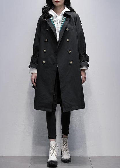 Notched Tie Waist Fine Trench Coat Black Knee Coats