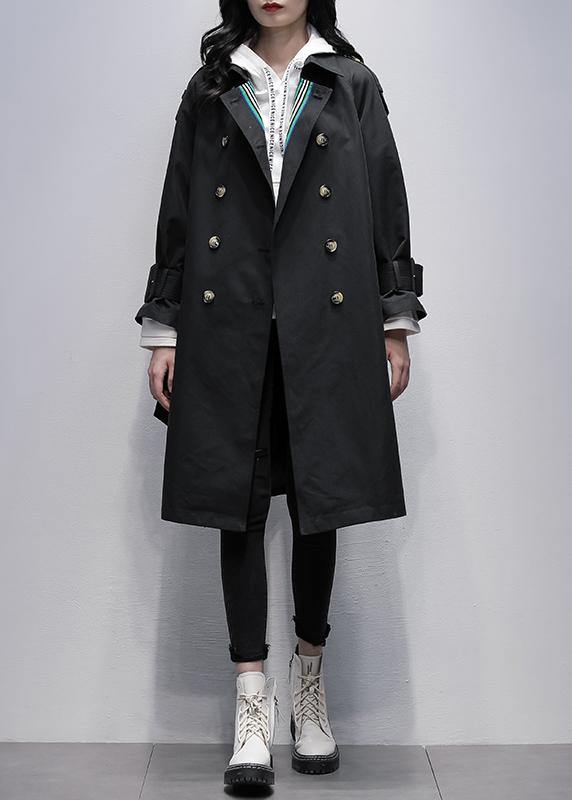 Notched Tie Waist Fine Trench Coat Black Knee Coats