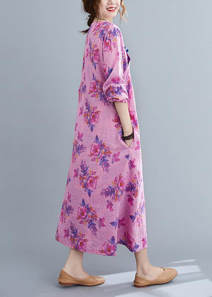 O Neck Chinese Button Spring Pattern Purple Print Loose Dress