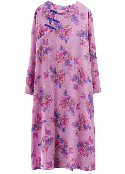 O Neck Chinese Button Spring Pattern Purple Print Loose Dress