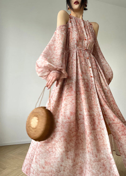 O-neck Print Button Pockets Tie Waist Chiffon Long Dresses Long Sleeve