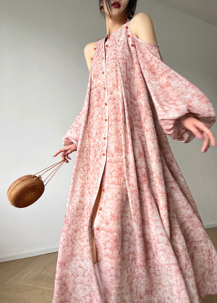 O-neck Print Button Pockets Tie Waist Chiffon Long Dresses Long Sleeve