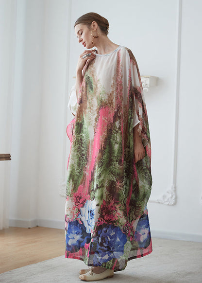 O Neck Print Chiffon Vacation Long Dresses Batwing Sleeve