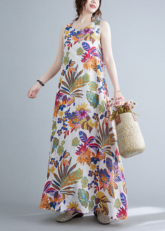 O-neck Print Cotton Long Dresses Summer