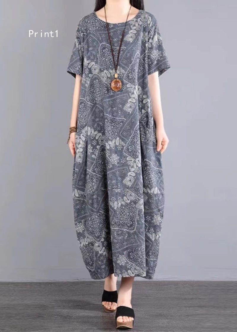O Neck Print Pockets Patchwork Cotton Dress Summer