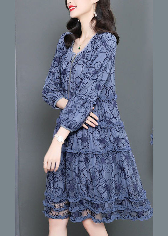 O-neck Zippered Ruffled Print Maxi Dress Long Sleeve