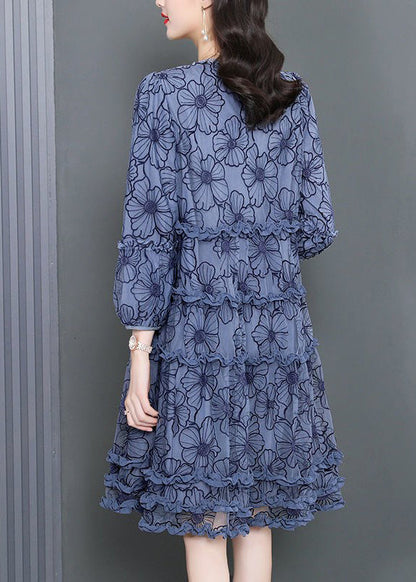 O-neck Zippered Ruffled Print Maxi Dress Long Sleeve