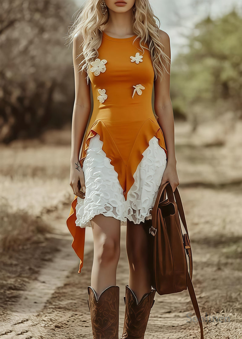 Orange Asymmetrical Cotton Tanks Sleeveless