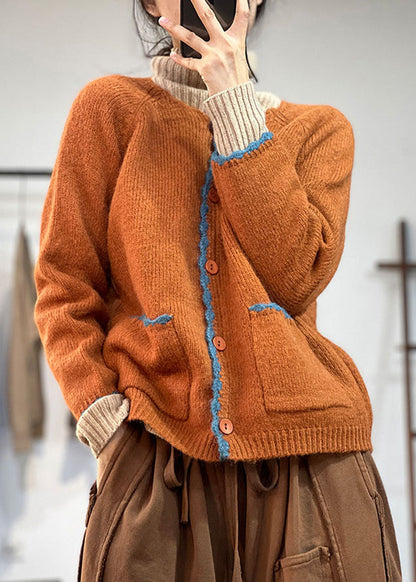 Orange Button Pockets Woolen Coats Fall