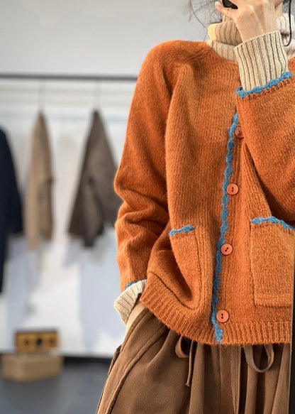Orange Button Pockets Woolen Coats Fall
