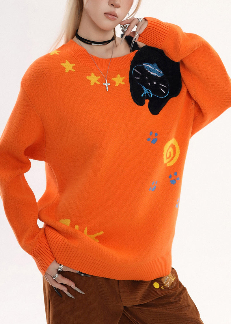 Orange Embroidered Cold Shoulder Knit Sweater Winter