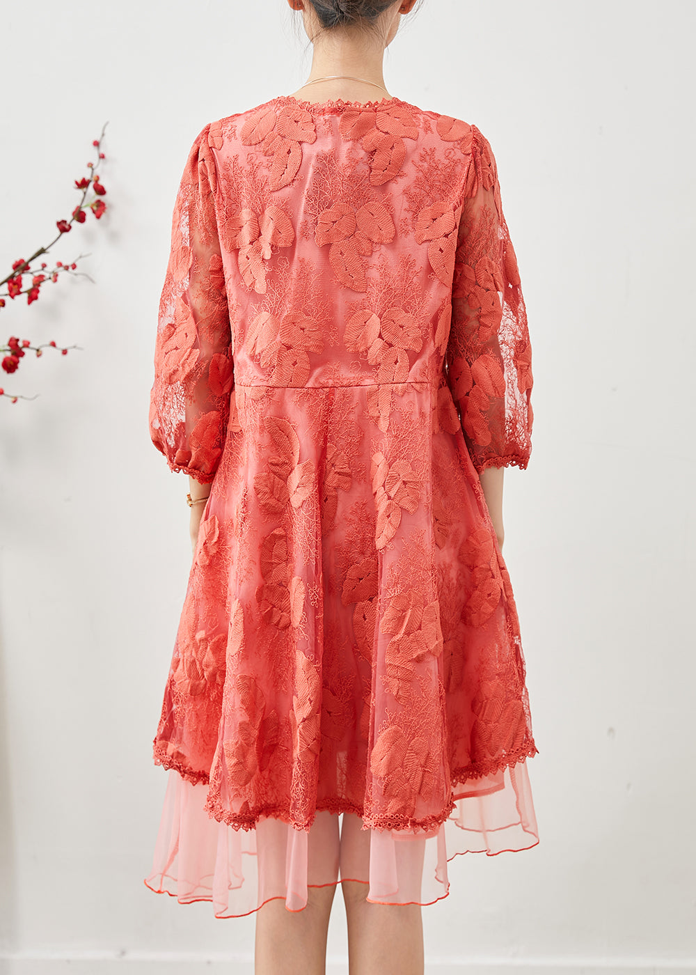 Orange Embroidered Tulle Vacation Dress Bracelet Sleeve