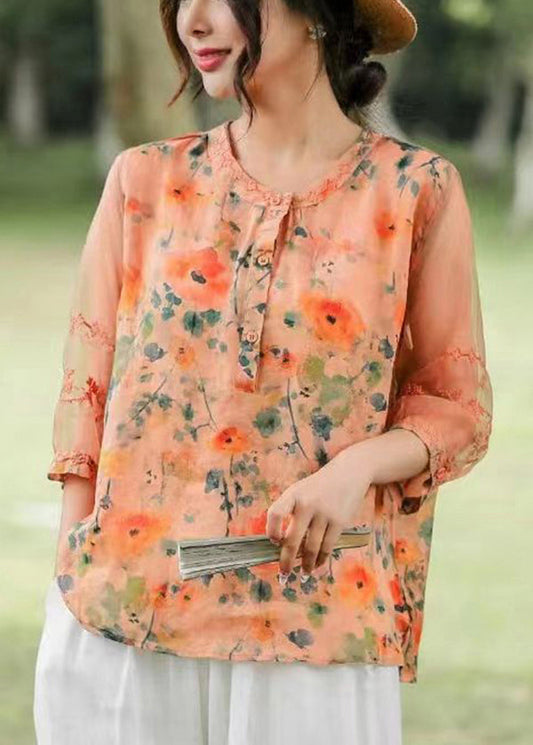 Orange Embroideried Print Linen Shirt Top Summer