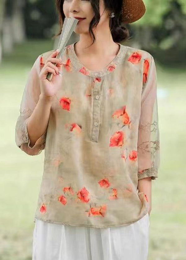 Orange Embroideried Print Linen Shirt Top Summer