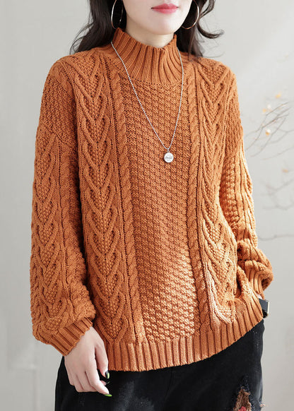 Orange High Neck Chunky Oversized Cable Knit Sweater Winter