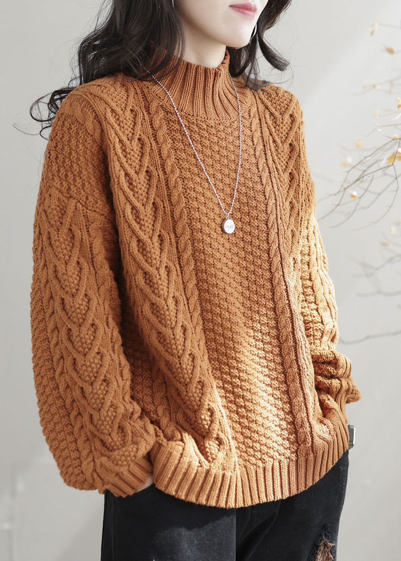 Orange High Neck Chunky Oversized Cable Knit Sweater Winter