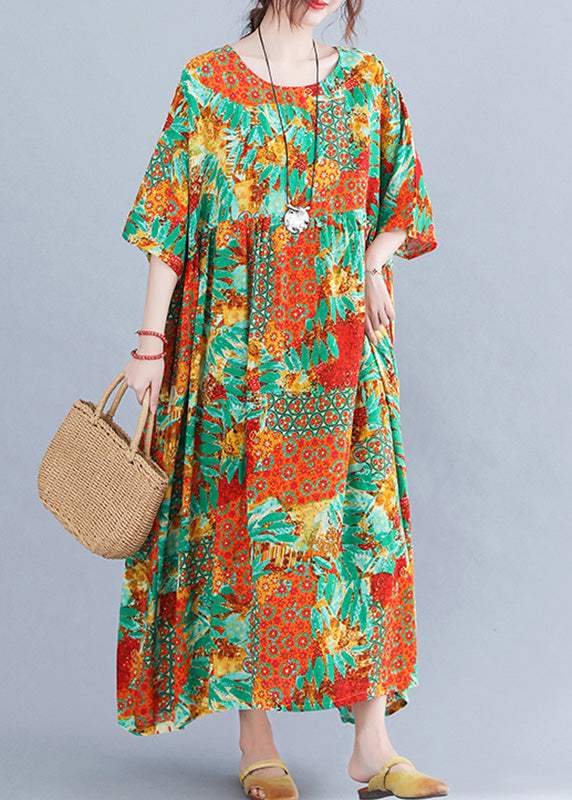 Orange O-neck Print Cozy Maxi Dresses Summer