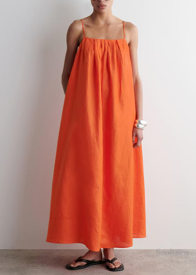 Orange Oversized Linen Spaghetti Strap Dress Summer