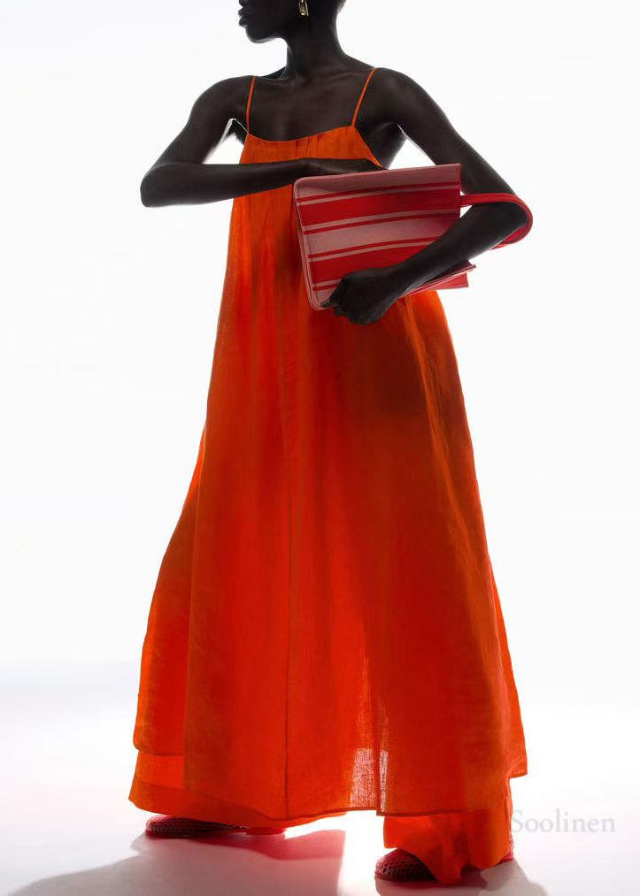 Orange Oversized Linen Spaghetti Strap Dress Summer