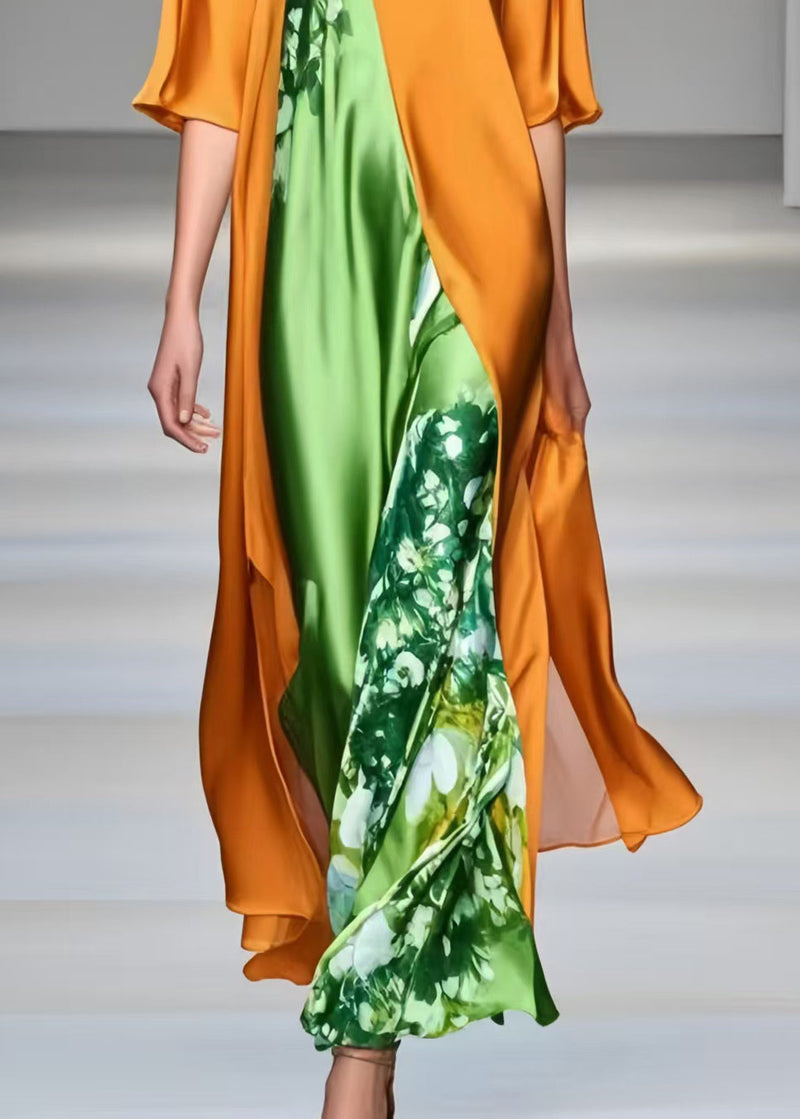 Orange Oversized Patchwork Silk Dresses Half Sleeve