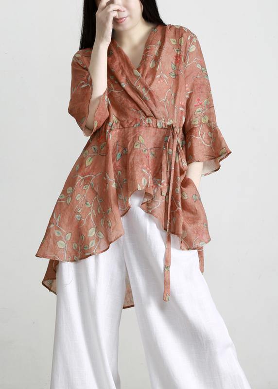 Orange Print Cinchedasymmetrical Design Shirt Top Summer