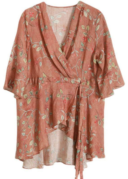 Orange Print Cinchedasymmetrical Design Shirt Top Summer