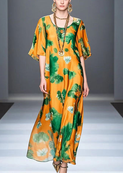 Orange Print Draping Silk Beach Dress Summer