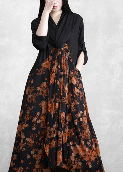 Orange Print Dresses Asymmetric V Neck Maxi Spring Dresses
