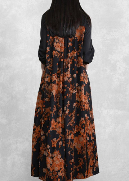 Orange Print Dresses Asymmetric V Neck Maxi Spring Dresses