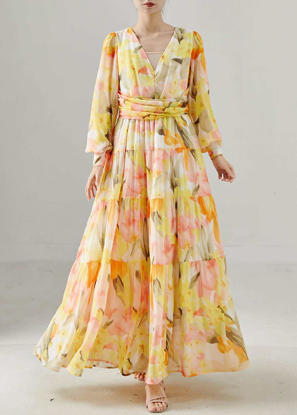 Orange Print Exra Large Hem Chiffon Beach Dress Fall