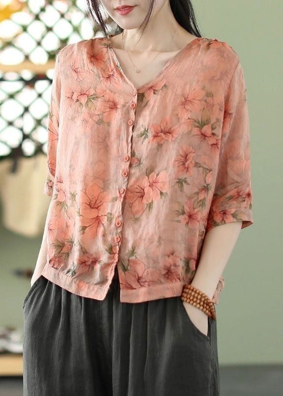 Orange Print Slim Fit Linen Shirt Top Half Sleeve