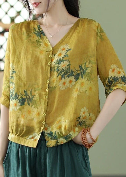 Grey Flowers Print Slim Fit Linen Shirt Top Half Sleeve