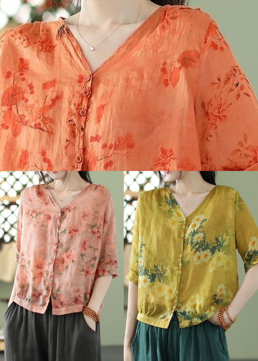 Color Print Slim Fit Linen Shirt Top Half Sleeve