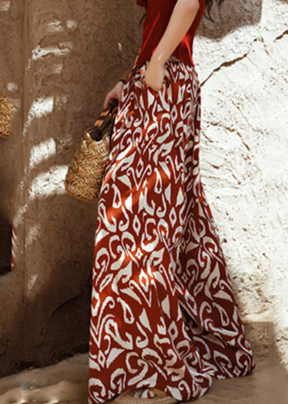 Orange Print Tie Waist Wide Leg Pants Summer