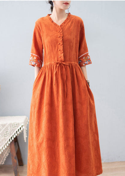Orange Ruffled Drawstring Embroideried Jacquard Cotton Dresses Half Sleeve