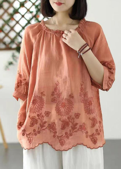 Orange Ruffled Embroideried Linen T Shirt Summer
