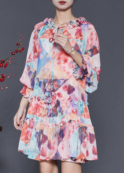 Orange Ruffled Print Chiffon Mid Dress Spring